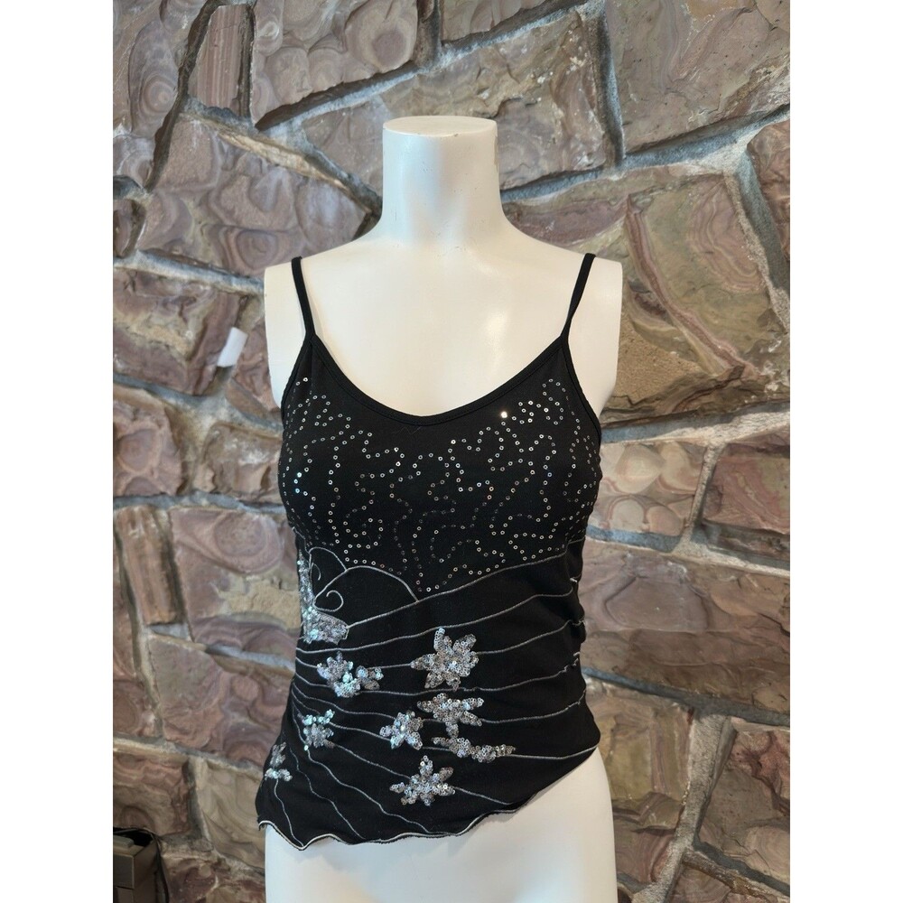 Y2K Sequin Beaded Commi Asymmetric Womens Black Sequins Party Straps Sleevele